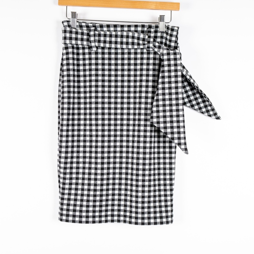 Maeve Anthropologie Black White Gingham Pencil Skirt‎ Tie Waist Women's Small